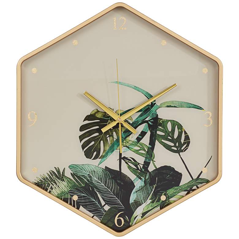 Leopold Gold and Fern 17 1/4 inch Wide Battery Powered Hexagon Wall Clock