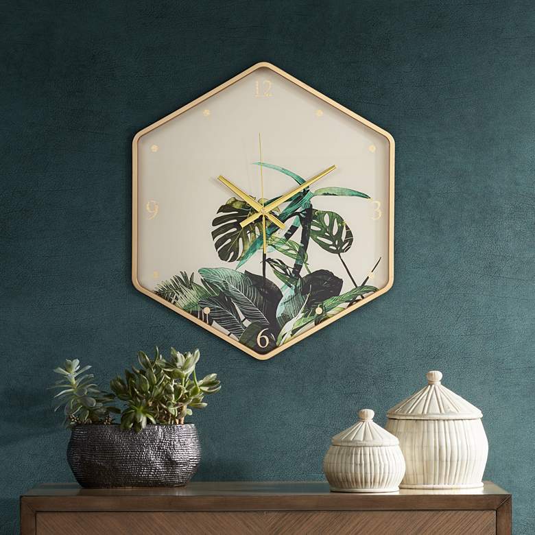 Image 1 Leopold Gold and Fern 17 1/4" Wide Battery Powered Hexagon Wall Clock