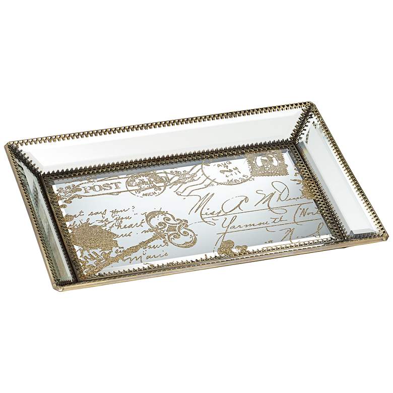 Image 1 Les Cartes 12 inch Wide Vintage Gold Script Mirrored Tray