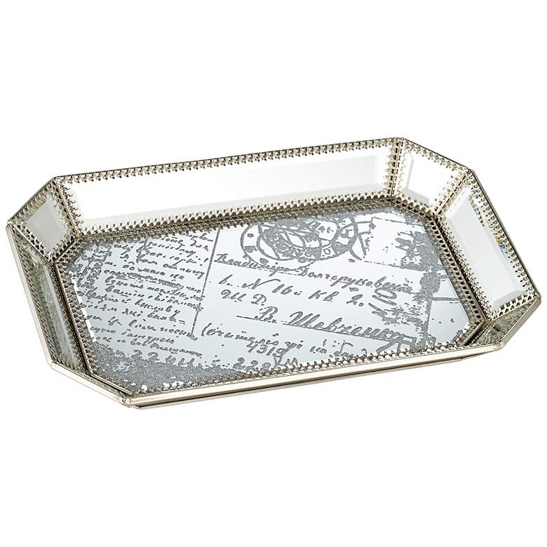 Image 1 Les Cartes 12" Wide Vintage Silver Script Mirrored Tray