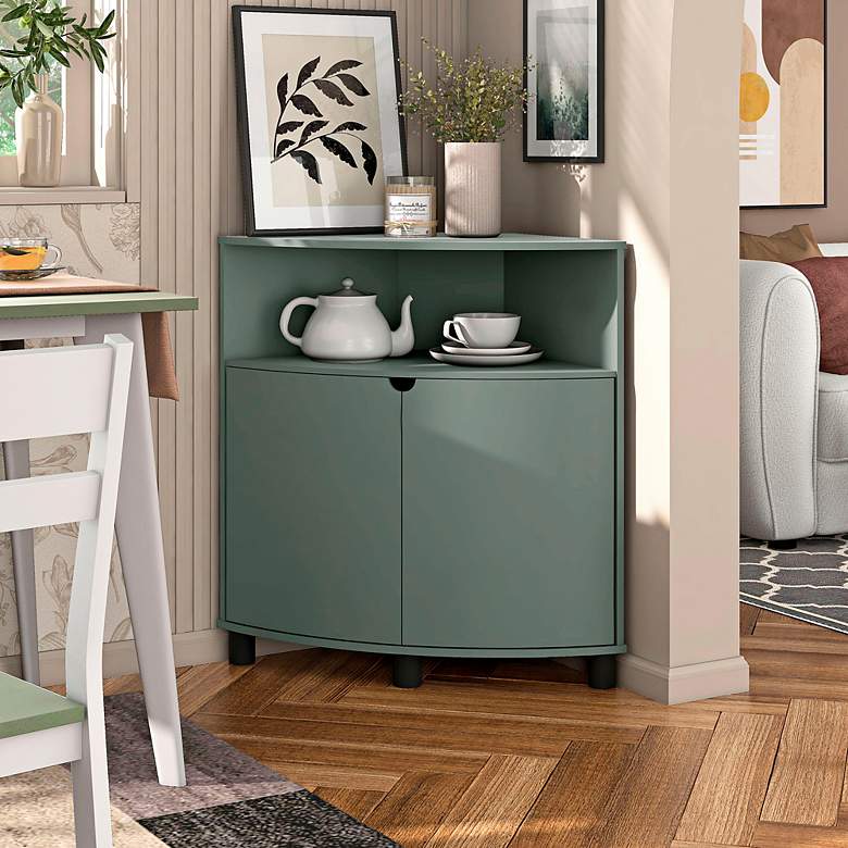 Image 1 Leto 31 1/4"W Green 2-Door Corner Cabinet with LED Lights