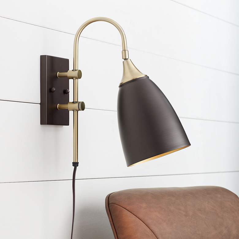 Image 6 Lewes Bronze and Antique Brass Plug-In Wall Lamp more views
