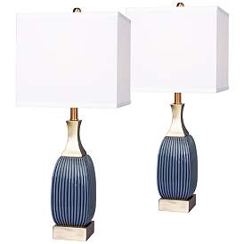 Image1 of Lexie Vertically Ribbed Blue Ceramic Table Lamp Set of 2