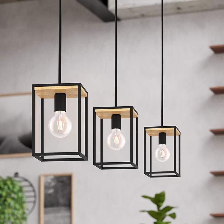 Image 2 Libertad 3-Light Linear Pendant - Structured Black and Wood Finish