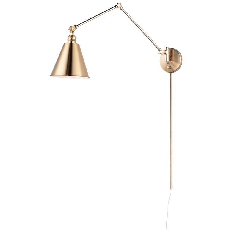 Image 1 Library 36 3/4 inch High Brass Plug-In Swing Arm Wall Lamp