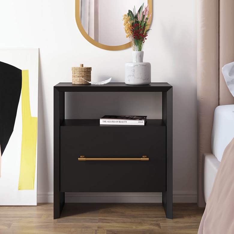 Image 1 Libre 23" Wide Black Wood 1-Drawer 1-Shelf Nightstand