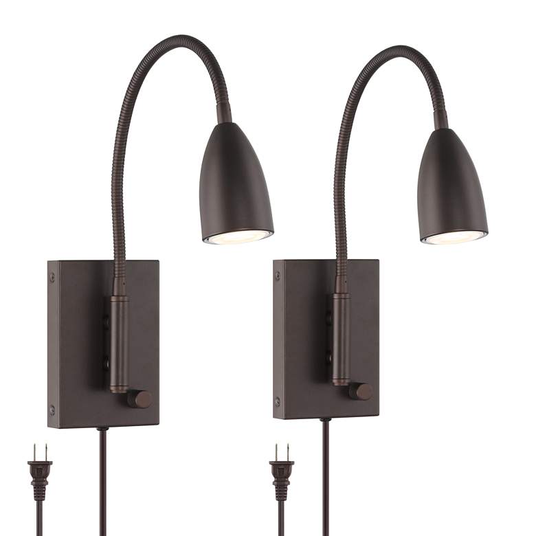 Image 2 Lido Adjustable Gooseneck Bronze Plug-In Wall Reading Light Set of 2