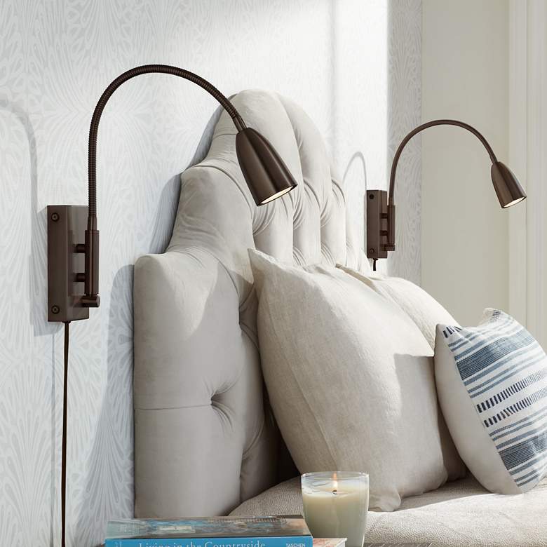 Image 1 Lido Adjustable Gooseneck Bronze Plug-In Wall Reading Light Set of 2