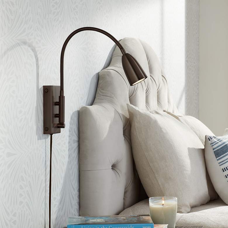 Image 1 Lido Adjustable Gooseneck Bronze Plug-In Wall Reading Light