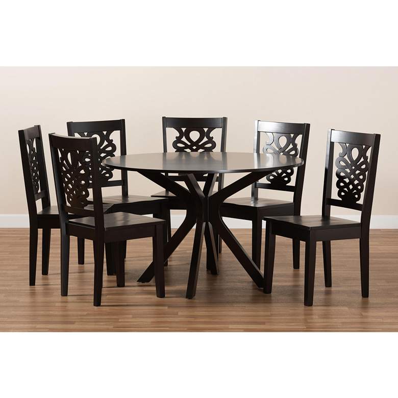 Image 7 Liese Dark Brown Wood 7-Piece Dining Table and Chair Set more views