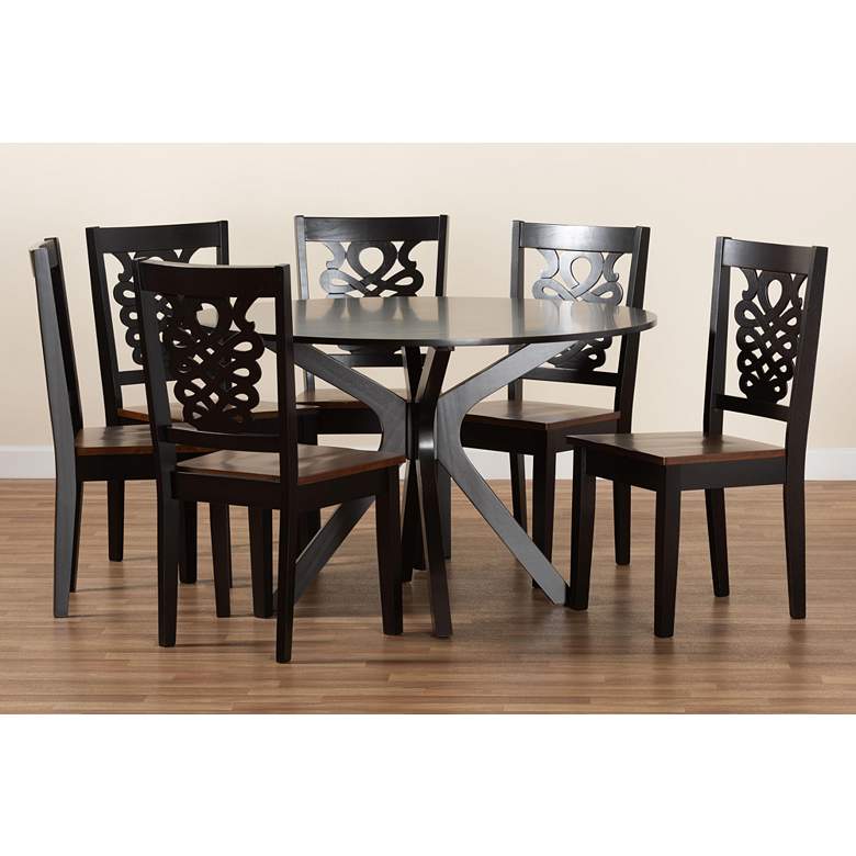 Image 7 Liese Two-Tone Brown Wood 7-Piece Dining Table and Chair Set more views