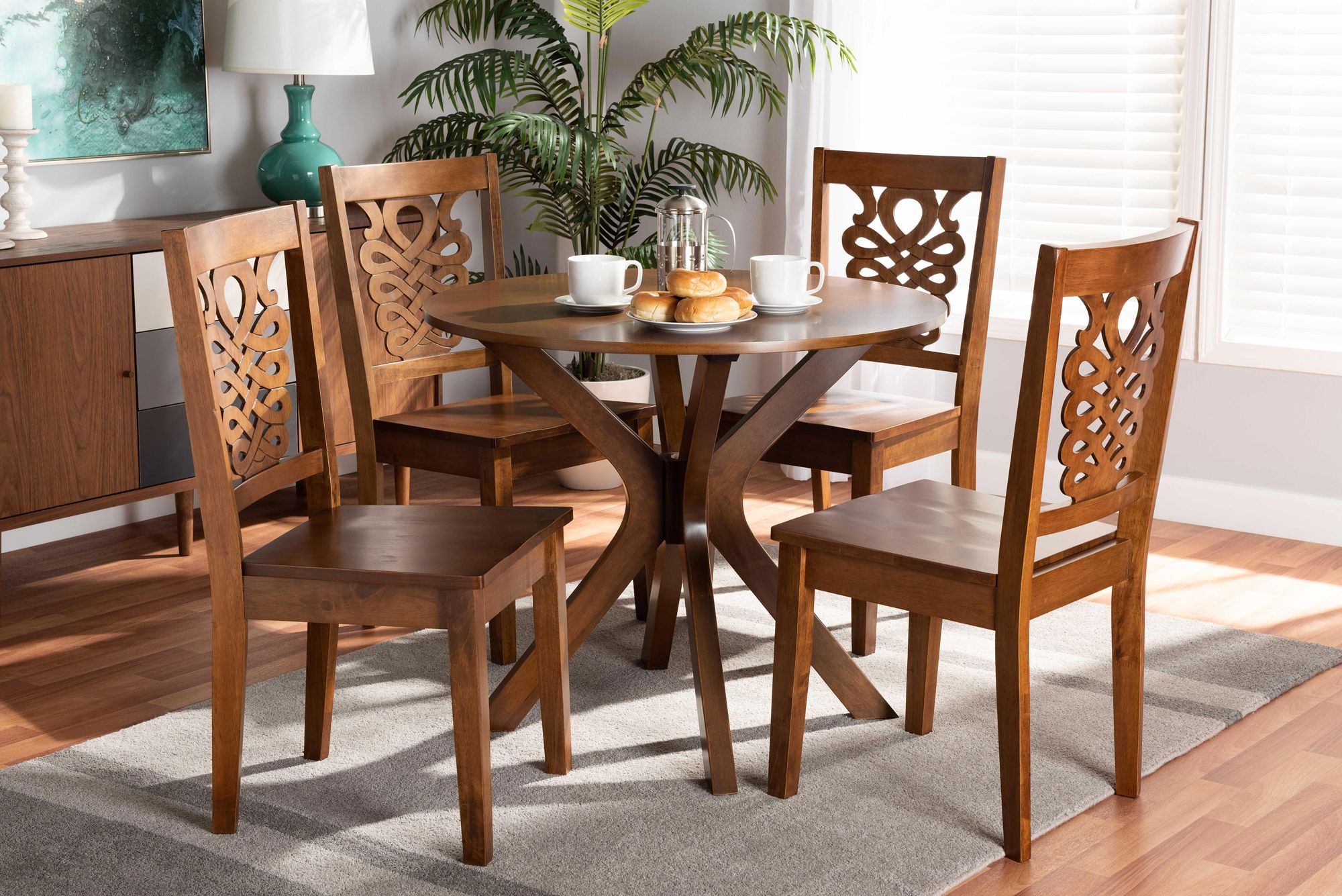 Liese Walnut Brown Wood 5-Piece Dining Table and Chair Set