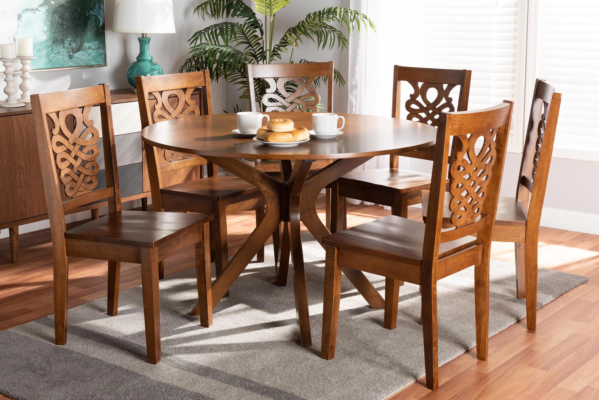 Liese Walnut Brown Wood 7-Piece Dining Table and Chair Set