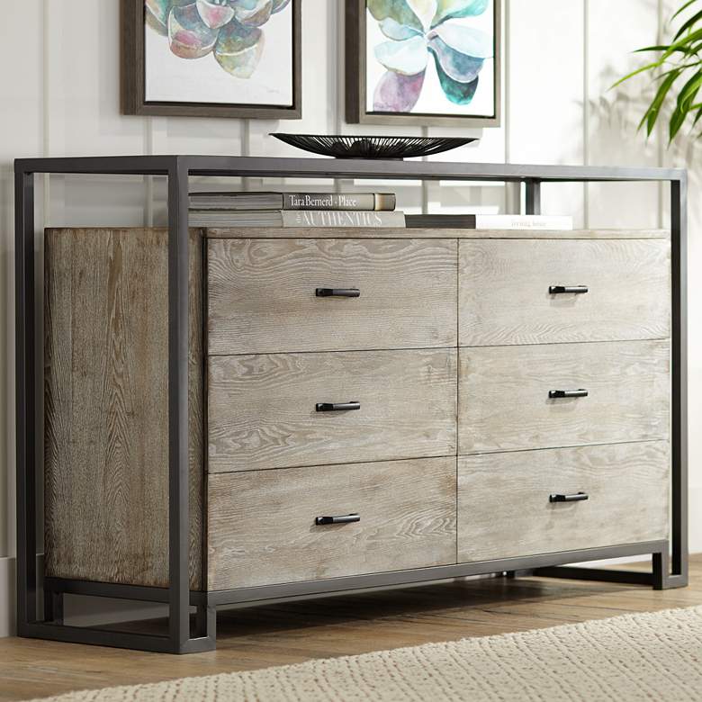 Image 1 Liev 59 inch Wide Wood and Metal 6-Drawer Glass Top Modern Buffet Cabinet