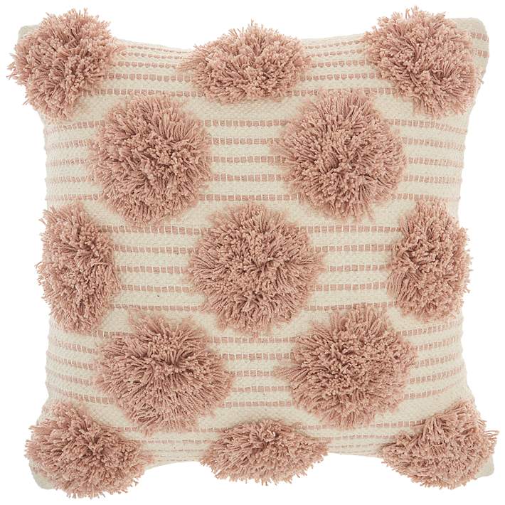 Life Styles Blush Tufted Pom Poms 18 Square Throw Pillow - #844R4