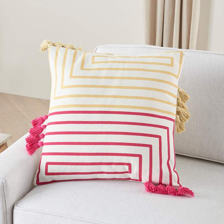 Image 1 Life Styles Hot Pink Yellow Lines 18 inch Square Throw Pillow
