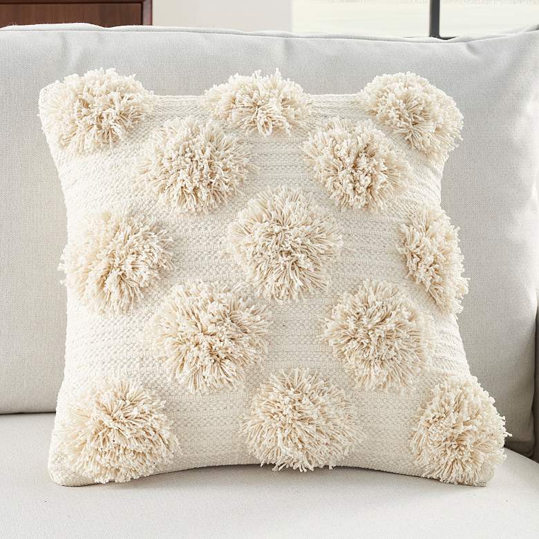 Image 1 Life Styles Ivory Tufted Pom Poms 18" Square Throw Pillow