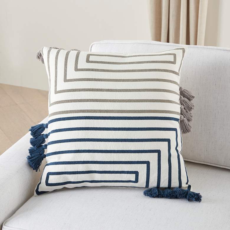 Image 1 Life Styles Light Gray Navy Lines 18 inch Square Throw Pillow