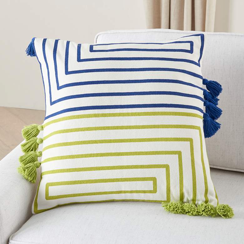 Image 1 Life Styles Lime Blue Lines 18 inch Square Throw Pillow