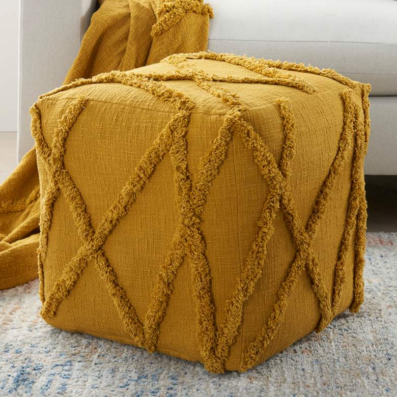 Image 1 Life Styles Mustard Tufted Diamond Square Pouf Ottoman
