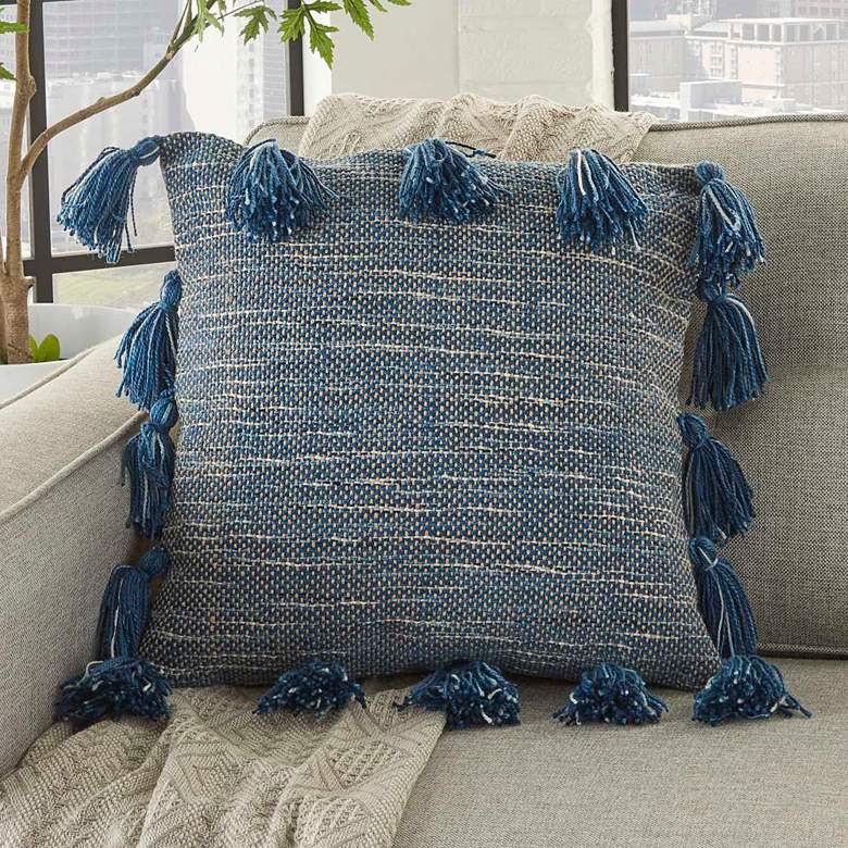 Image 1 Life Styles Navy Woven Tassels 18" Square Throw Pillow