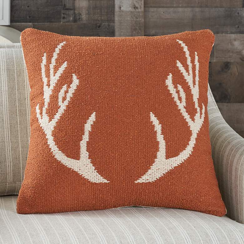 Image 1 Life Styles Rust Woven Antlers 18 inch Square Throw Pillow