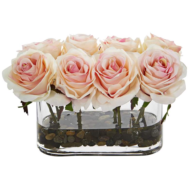 Image 1 Light Pink Blooming Roses 8 1/2"W Faux Flowers in Glass Vase