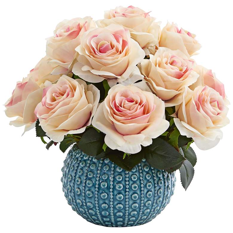 Image 1 Light Pink Rose 11 1/2" Wide Faux Flowers in Ceramic Vase