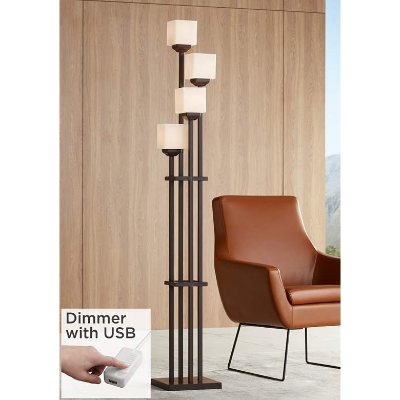 Image 1 Light Tree Bronze 4-Light Torchiere Floor Lamp with USB Dimmer