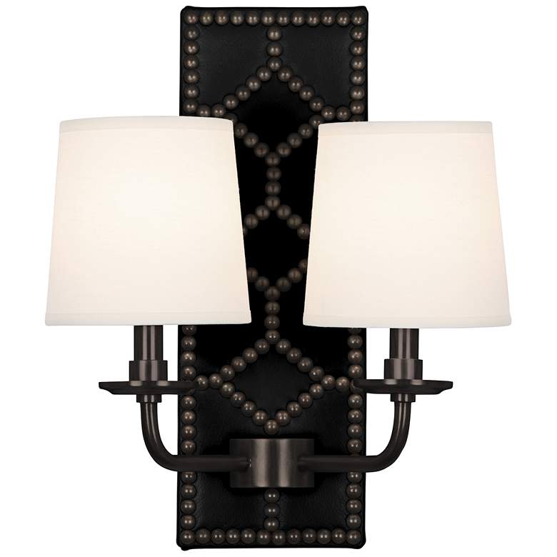 Image 1 Lightfoot 16 1/2"H Patina Bronze with Black Leather Sconce