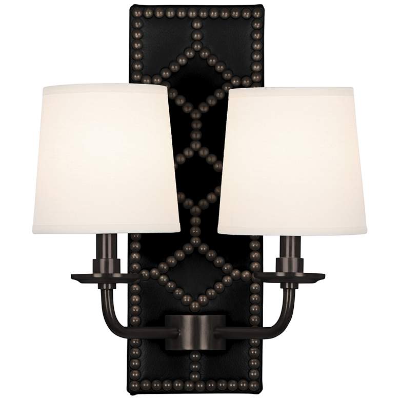 Image 1 Lightfoot 16 1/2 inchH Patina Bronze with Black Leather Sconce