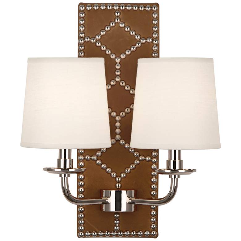Image 1 Lightfoot 16 1/2"H Polished Nickel with Ochre Leather Sconce