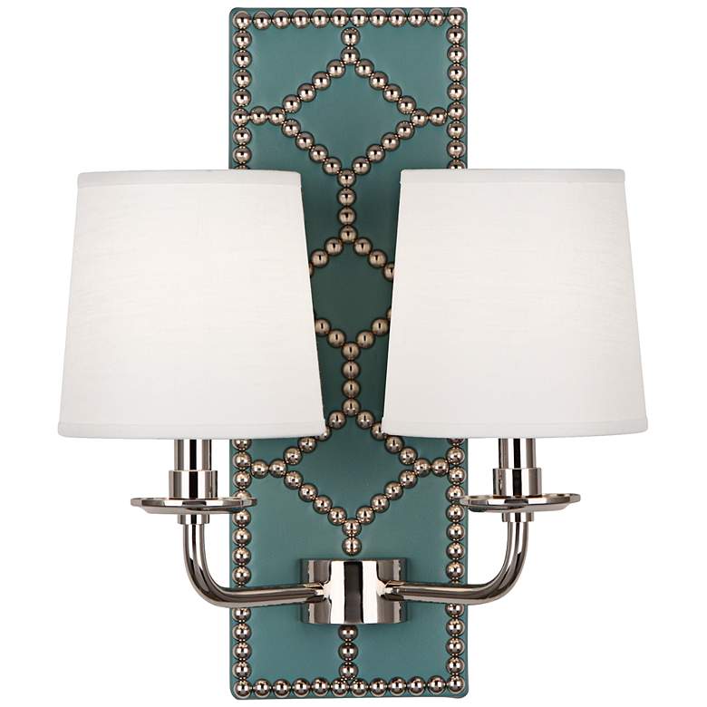 Image 1 Lightfoot Polished Nickel and Teal Leather 2-Light Sconce