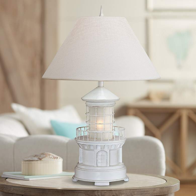 Image 1 Lighthouse 27 inch Antique White Coastal Table Lamp with Night Light