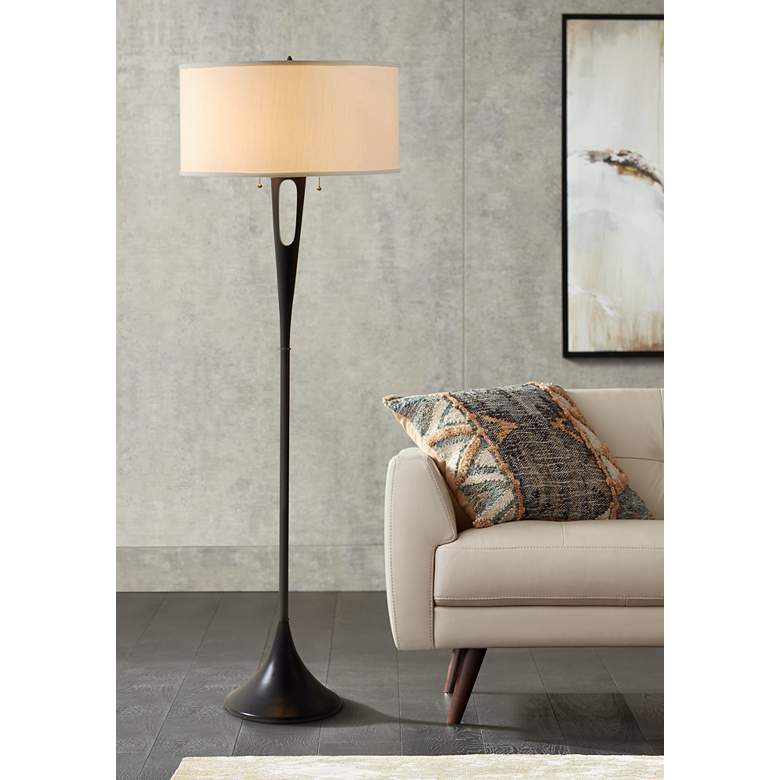 Image 1 Lights Up! 60" HIgh French Mod Bronze-Ivory Floor Lamp