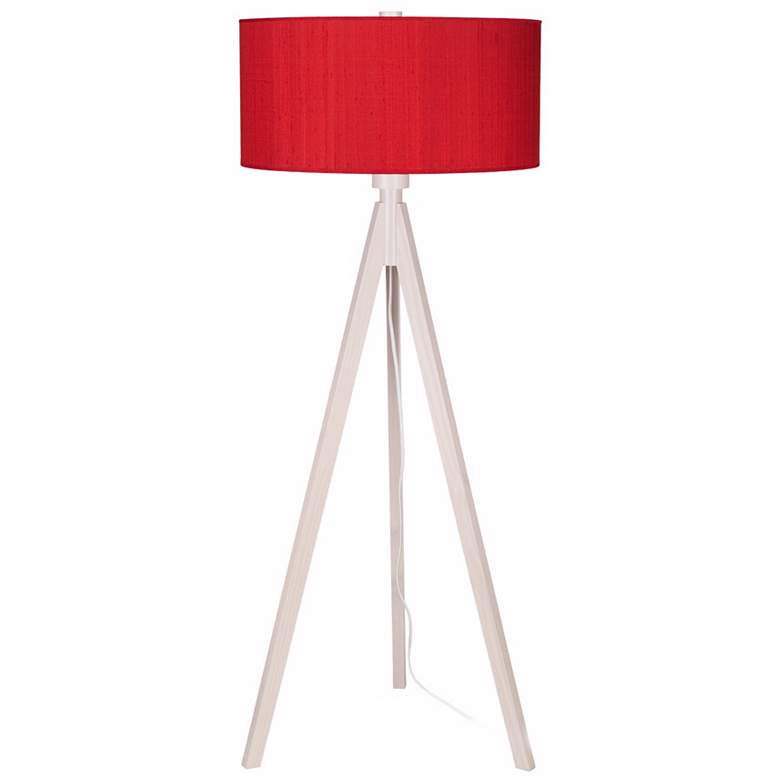Image 1 Lights Up! Woody Pickled Red Dupioni Silk Shade Floor Lamp