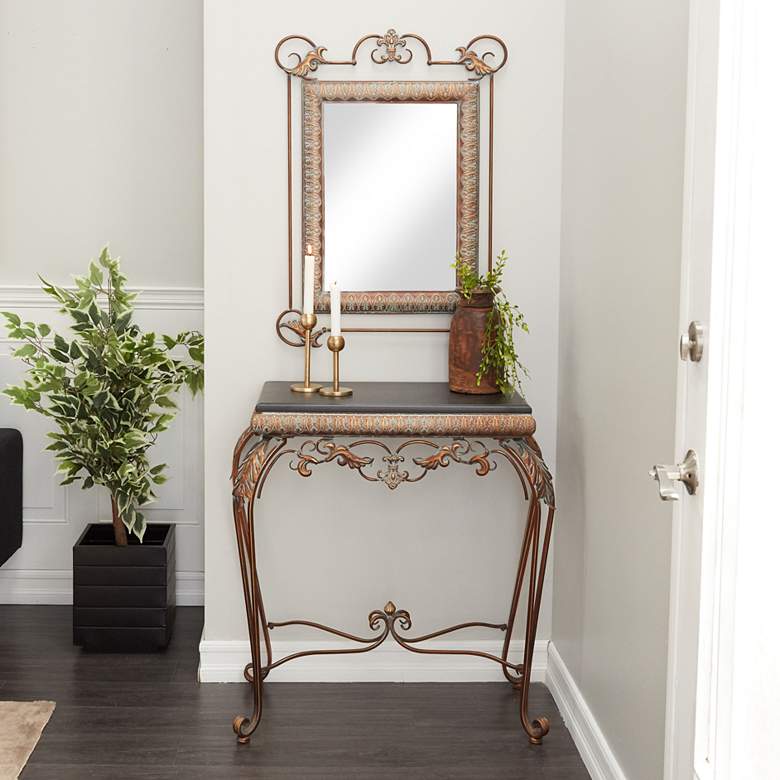 Image 1 Lilah Distressed Bronze 2-Piece Console Table and Mirror Set