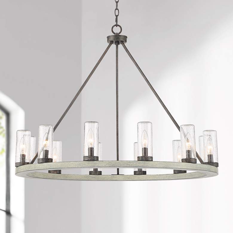Image 1 Lillian 34 1/2"W Gray Wood 12-Light Wagon Wheel Chandelier