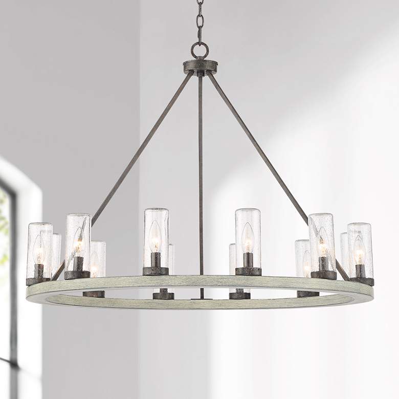 Image 1 Lillian 34 1/2 inchW Gray Wood 12-Light Wagon Wheel Chandelier