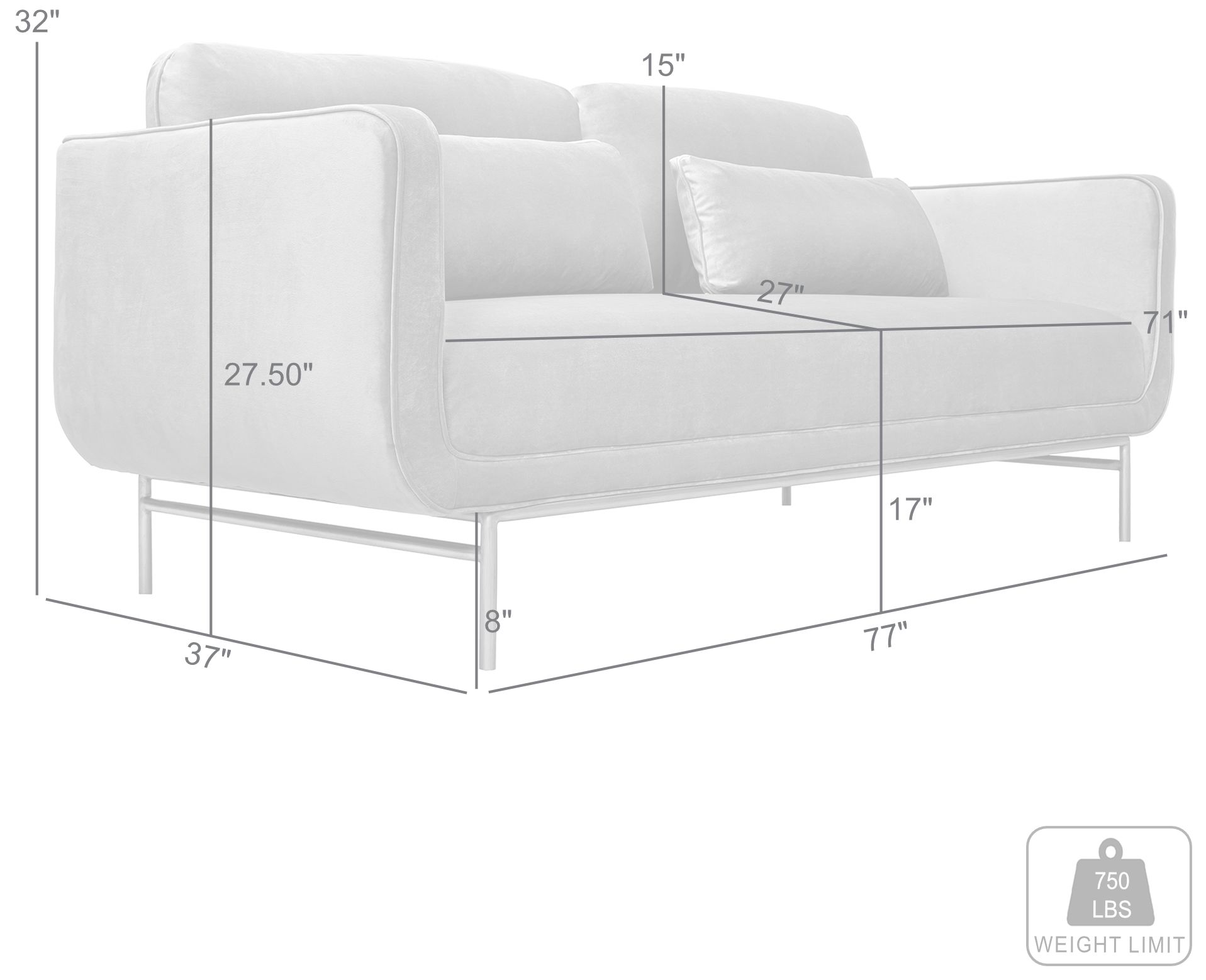 Lilou 77 in. Modern Sofa in Fossil Gray Velvet and Antique Brass Metal Legs