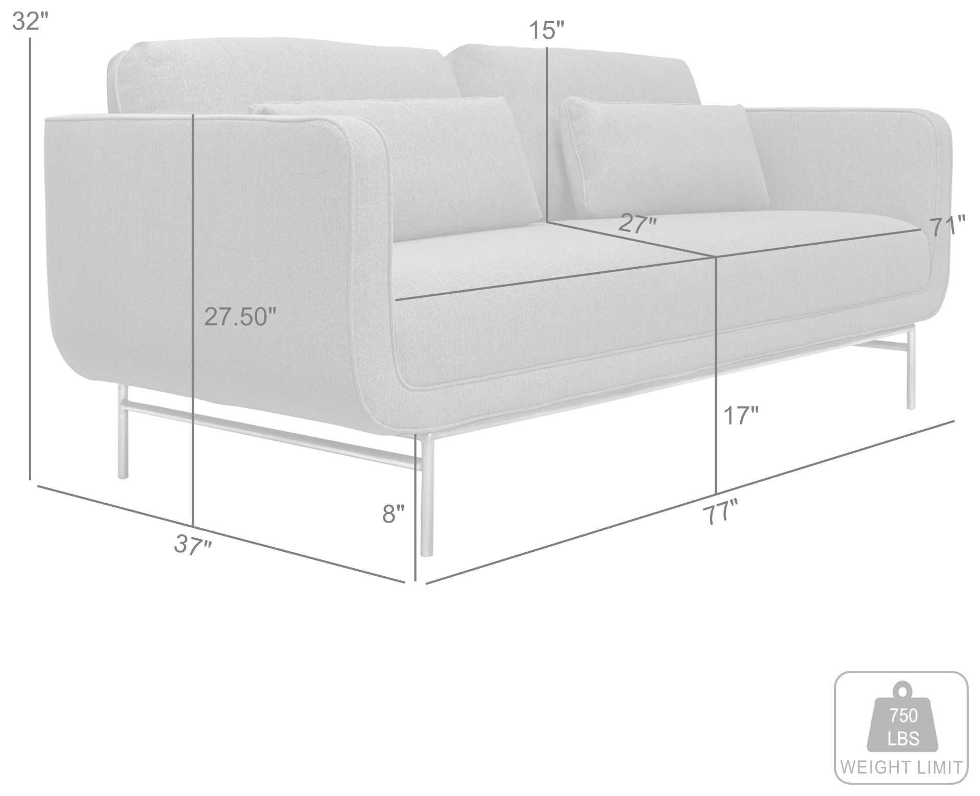 Lilou 77 in. Modern Sofa in Gray Fabric, and Antique Brass Metal Legs