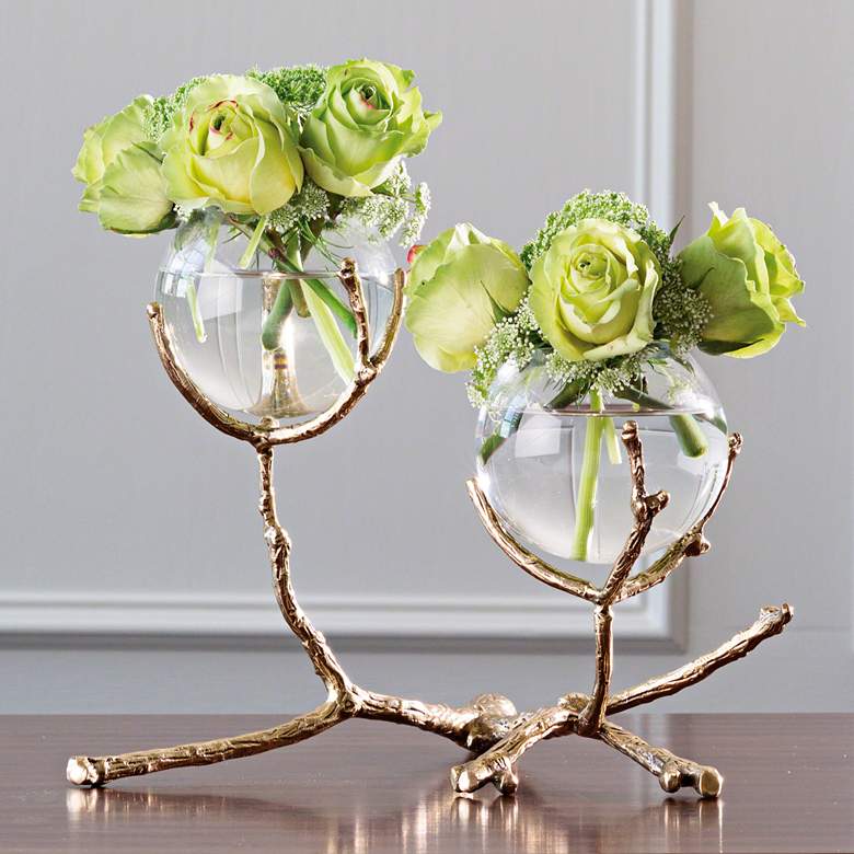 Image 1 Limber Brass 12" Wide Twig 2-Vase Holder