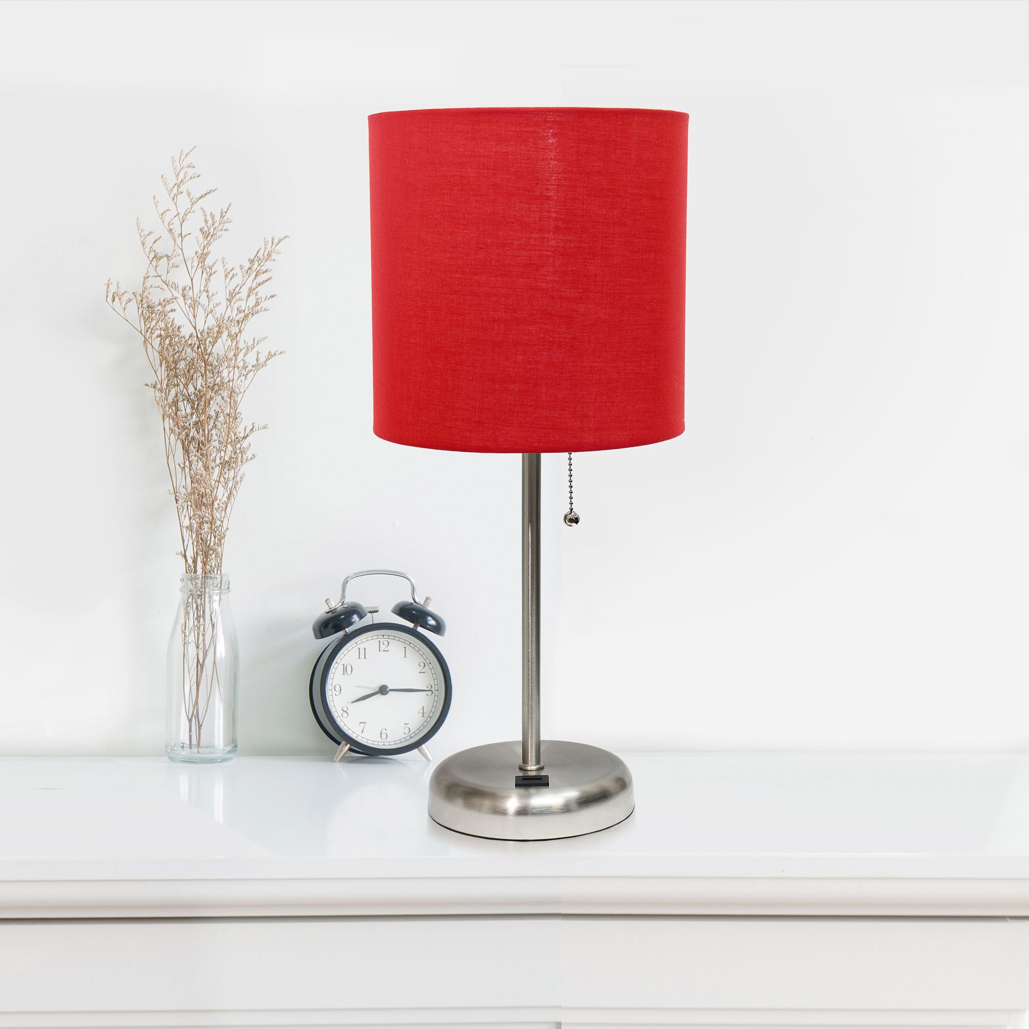 silver lamp with red shade