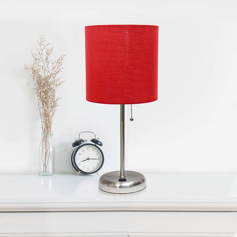Image 1 LimeLights 19 1/2 inch High Stick Table Lamp with Red Shade and USB Port