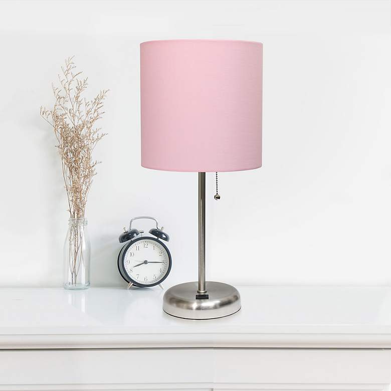 Image 1 LimeLights 19 1/2 inchH Stick Table Lamp w/ Light Pink Shade and USB Port