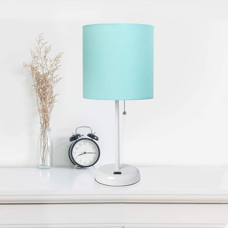 Image 1 LimeLights 19 1/2"H White Stick Table Lamp w/ Aqua Shade and USB Port