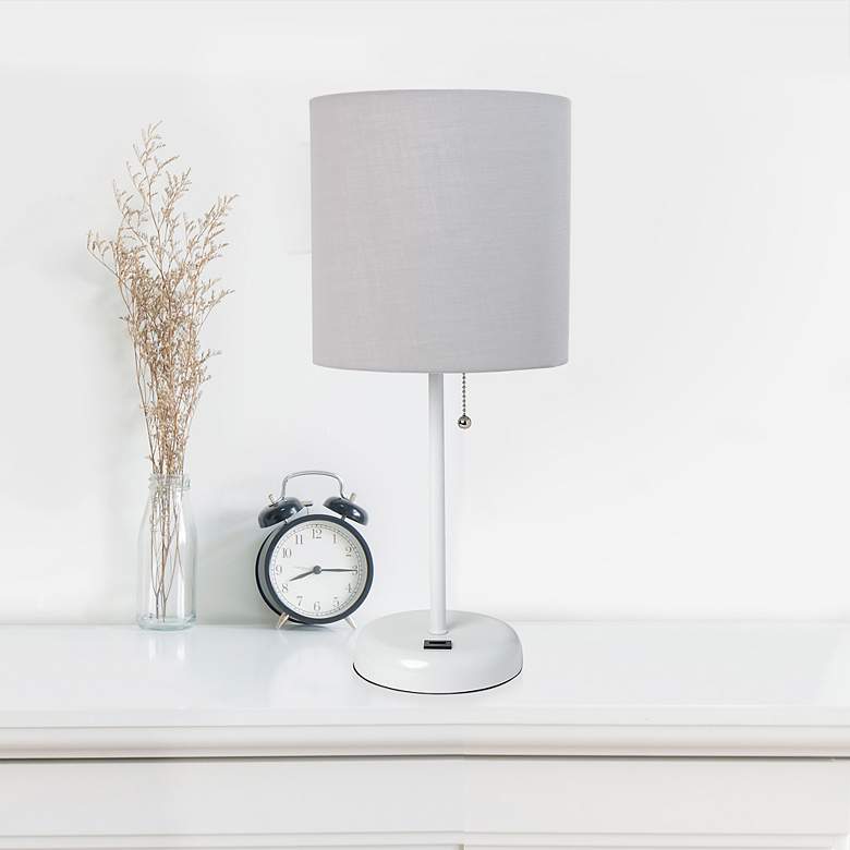 Image 1 LimeLights 19 1/2"H White Stick Table Lamp w/ Gray Shade and USB Port
