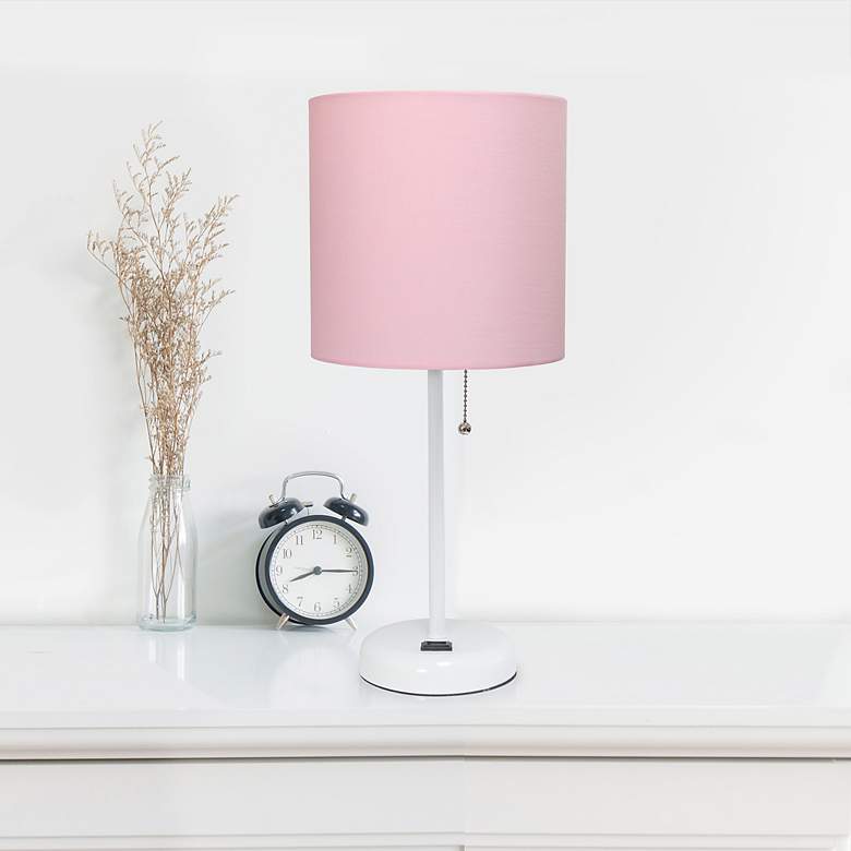 Image 1 LimeLights 19 1/2 inchH White Stick Table Lamp w/ Light Pink Shade and USB