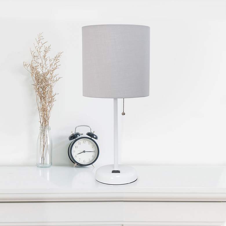 Image 1 LimeLights 19 1/2 inchH White Stick Table Lamp with Gray Shade and Outlet