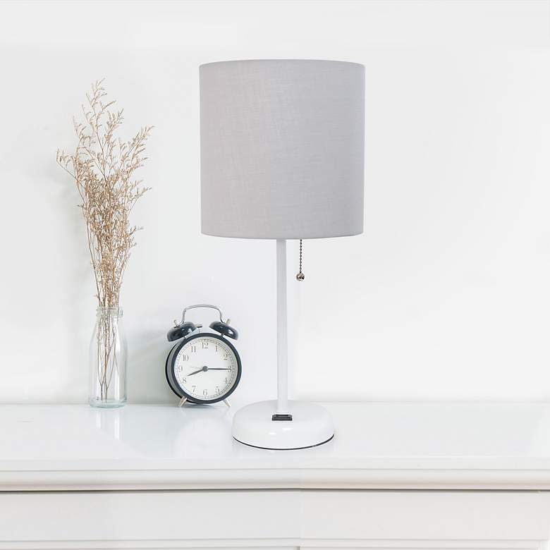 Image 1 LimeLights 19 1/2"H White Stick Table Lamp with Gray Shade and Outlet